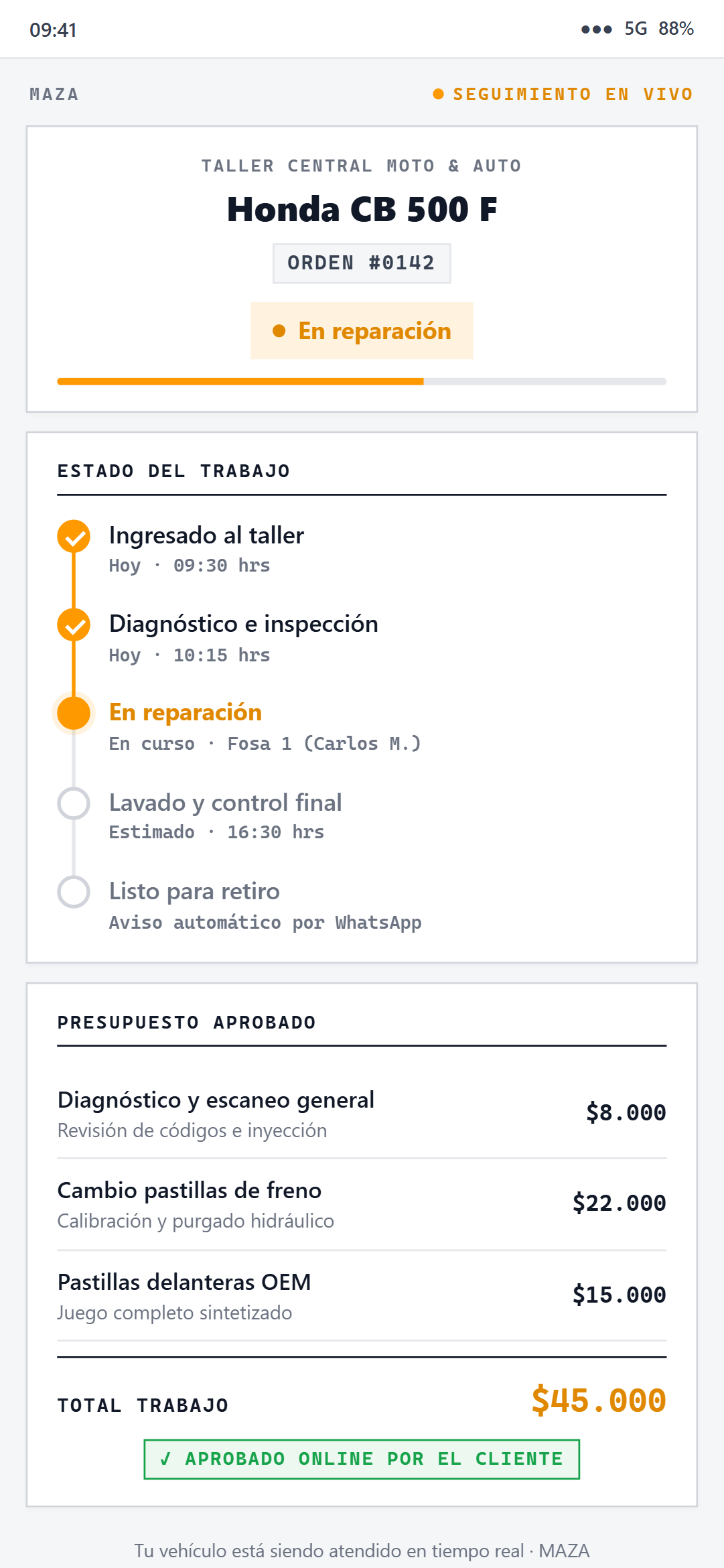 Vista del cliente siguiendo su vehículo en vivo desde el link